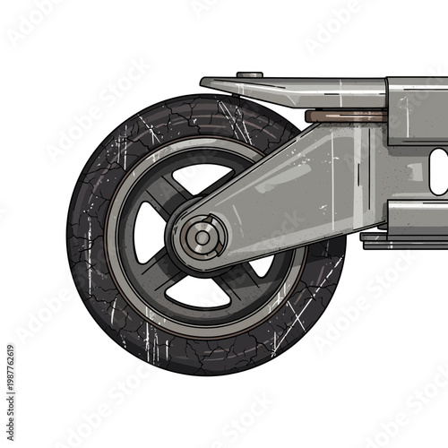 Close-up of a worn industrial caster wheel with scratched tire and metal frame