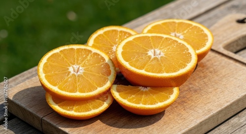 Sliced oranges rest on a wooden cutting board, bright against green backdrop