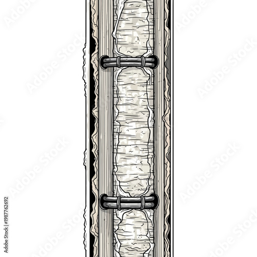 Cross-section of insulated wall with wooden studs and vapor barrier