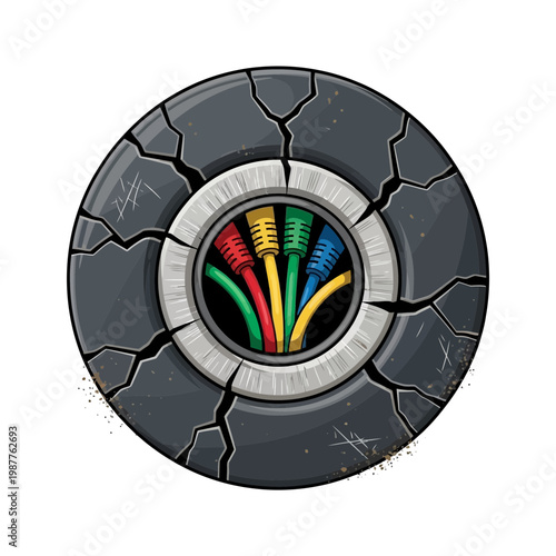 Cracked technology hub with colorful wires inside