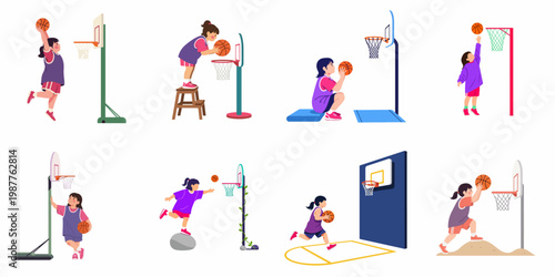 Collection of flat vector illustrations featuring a young girl playing basketball in various creative ways, perfect for sports and childhood themes.