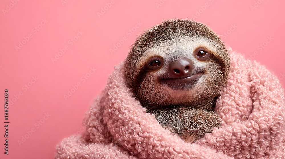Naklejka premium Cute Sloth Wrapped in Pink Blanket Cozy Animal Comfort Wildlife Portrait Concept