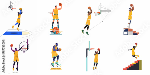 Set of minimalist vector illustrations featuring basketball players in various dynamic poses, jumping, shooting, and celebrating success on a white background.
