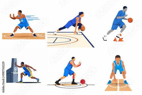 Collection of flat design illustrations showing basketball players practicing various skills including dribbling, defensive stances, and agility drills on a court.