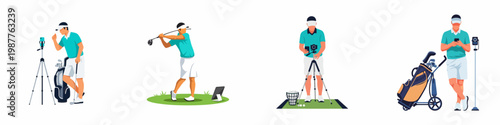 Set of vector illustrations showing a male golfer using technology like smartphones, tablets, and cameras for training and swing analysis on the course.