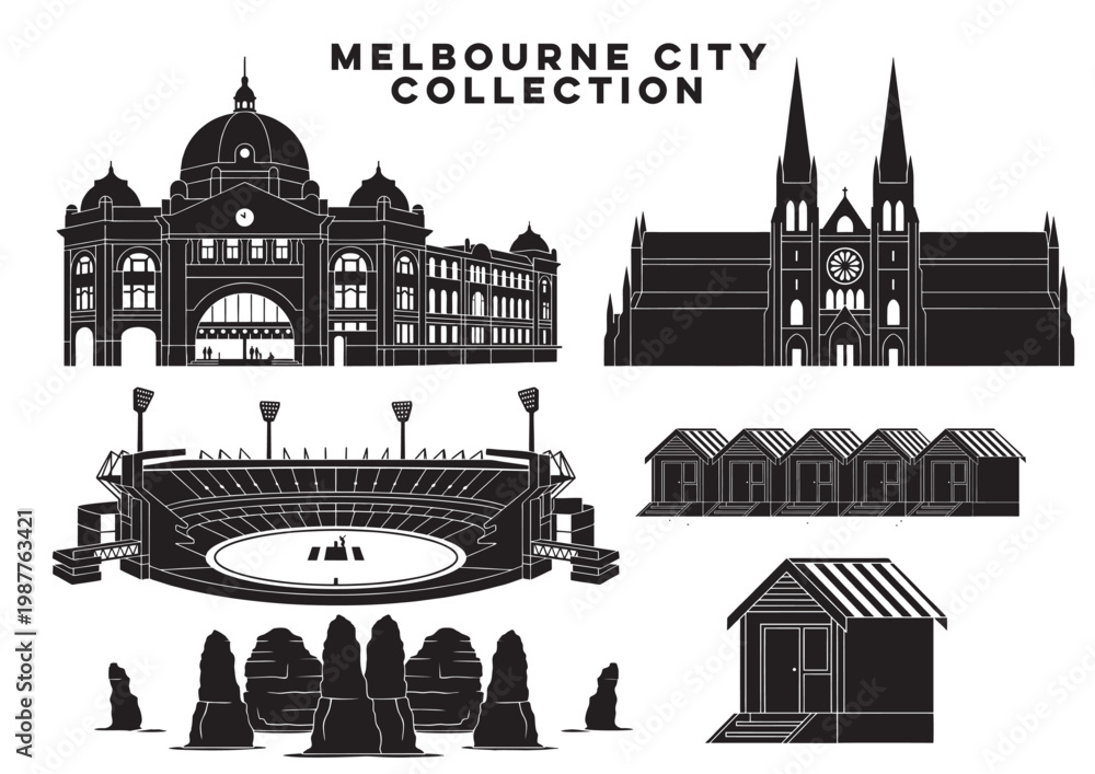 Obraz premium Melbourne city landmarks vector collection featuring Flinders Street Station, Twelve Apostles, Brighton Bathing Boxes, St Patricks Cathedral and MCG stadium in flat design style.