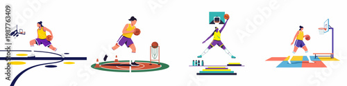 Flat vector illustrations of a female basketball player training, dribbling, and scoring on the court in various poses and actions.