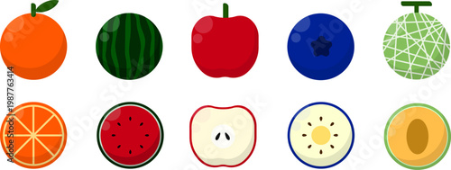 vectors of whole fruit and fruit that has been cut in half