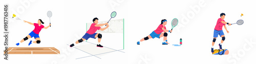 Set of flat vector illustrations featuring male and female athletes playing badminton and tennis, showcasing various dynamic poses on a white background.