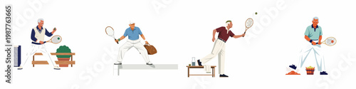 Set of Four Illustrations of Active Elderly Men Playing Tennis and Enjoying Sports Activities, Isolated on a White Background