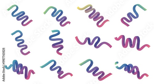 Colorful wavy ribbons with gradient colors set on white background celebrate design.