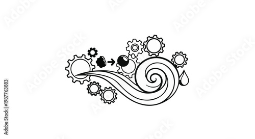 Gears rotate alongside a stylized water wave and a droplet to symbolize industrial fluid dynamics and mechanical efficiency.