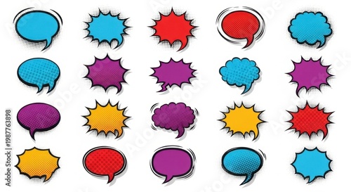 Comic book speech bubbles collection with colorful explosion shapes and halftone textures.