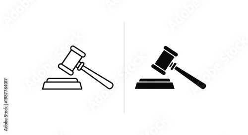 Minimalist judge gavel and auction hammer icons in outline and solid black styles, representing law, justice, and court proceedings on a clean white background.