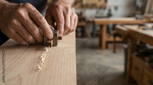 Artisan Hands Scoring a Line on Hardwood Board