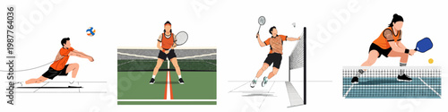 Dynamic Flat Vector Illustrations of Athletes Playing Volleyball, Tennis, Badminton, and Pickleball, Set of Four Sports Icons