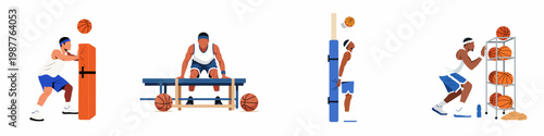 Flat vector illustration set of a basketball player performing various strength, agility, and performance training drills and physical assessments.