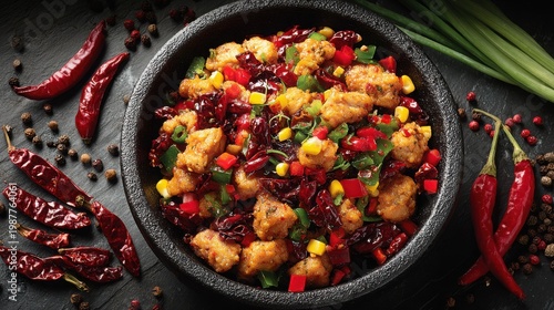 Black Ceramic Bowl Filled With Stir Fried Dish Of