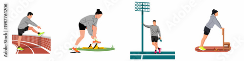 Collection of Flat Vector Illustrations Featuring Male and Female Athletes Preparing, Stretching, and Training on a Professional Running Track and Field Stadium.