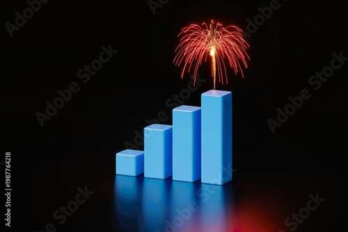 rising blue bar chart with firework explosion on top. Business growth succes