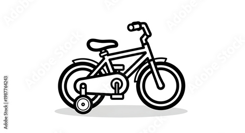 A simple black and white line drawing of a child's bicycle with training wheels attached.