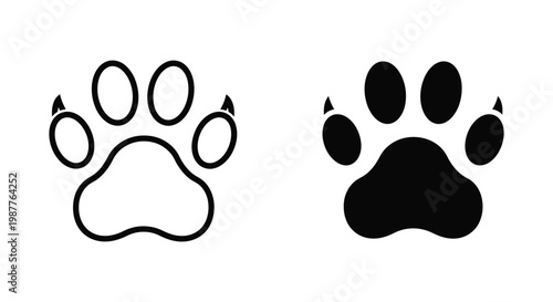 Minimalist animal paw print icons featuring solid silhouette and outline designs with sharp claws for pet care, wildlife conservation, and veterinary branding.