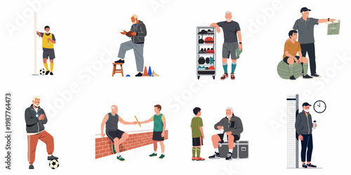 Collection of senior sports coaches training children and youth in various sports activities and exercises on a white background.