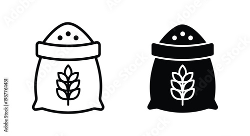 Minimalist flour sack and wheat grain bag icons in outline and solid styles for bakery, agriculture, and food industry branding