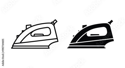 Minimalist electric steam iron icons in outline and solid silhouette styles for laundry and garment care design