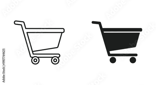 Minimalist shopping cart icon set with outline and solid black silhouettes for e-commerce websites, mobile retail apps, and online checkout interfaces.