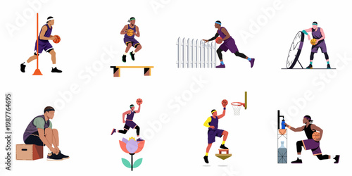 Flat vector illustration set of a male basketball player training, jumping, and practicing various drills in a stylized, modern design.