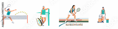 Flat vector illustration set of a professional female badminton player during training, match play, and recovery on a white background.
