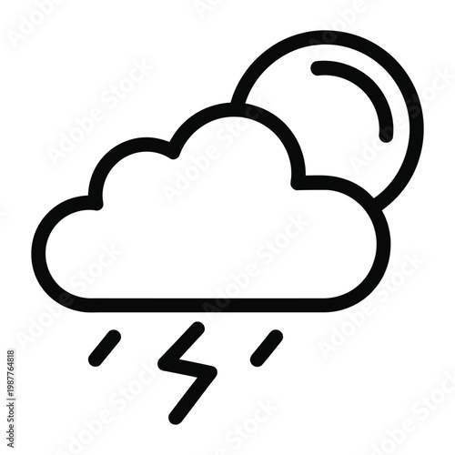 Minimalist weather icon of storm cloud with sun and lightning bolt, black line art weather forecast symbol, simple meteorology vector illustration