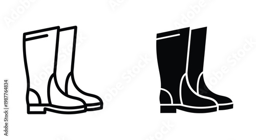 Minimalist rubber rain boots icon set featuring outline and solid silhouette styles for gardening, farming, and outdoor weather protection