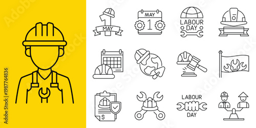 Icons representing labor and industry including construction workers, tools, calendars, and safety equipment