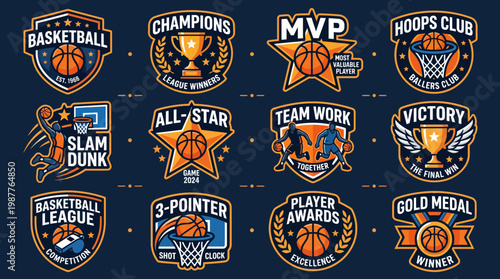 Vintage vector set of basket ball logo and emblems with stickers
