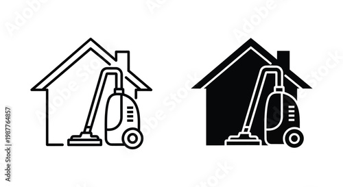 Set of minimalist house cleaning icons featuring a vacuum cleaner inside a home silhouette for professional residential cleaning services and domestic maintenance branding.