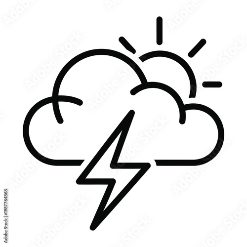 Stormy weather icon with cloud, sun and lightning bolt, minimalist black line vector illustration, meteorology forecast symbol for web and mobile apps