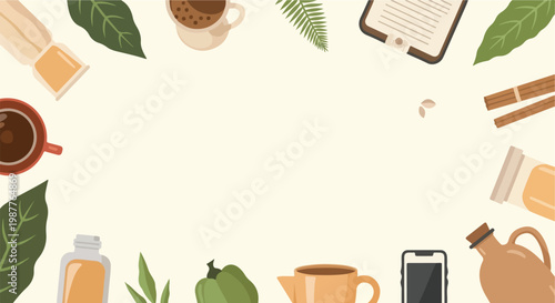 A warm, flat-lay vector illustration featuring coffee, leaves, and various rustic items framing a central blank space for text.