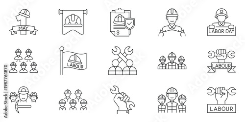 Extensive set of monochrome line icons symbolizing labor day celebrations, industrial workers, teamwork, construction safety, and essential tools for various trades
