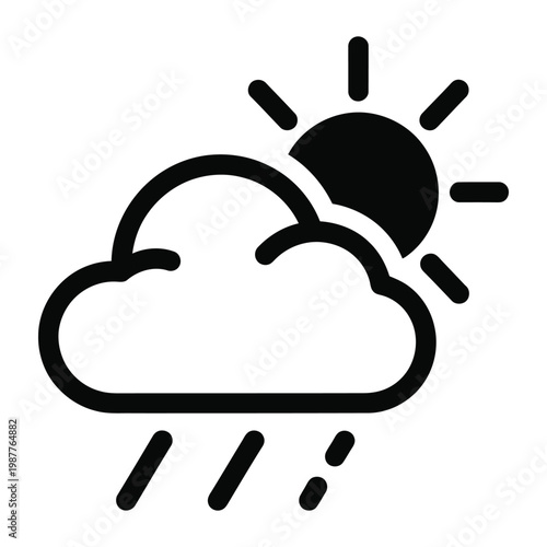 Minimalist weather icon of sun behind cloud with rain, black line art meteorology symbol, simple vector illustration for mobile app forecast