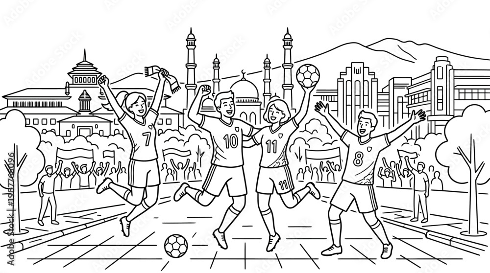 Fototapeta premium Excited Soccer Team Celebrating Victory in City