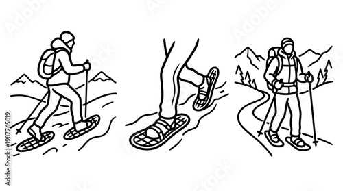 Set of Snowshoeing Hiker Line Drawings