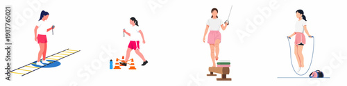 Collection of flat illustrations depicting women engaged in diverse fitness activities like agility drills, balance training, obstacle courses, and jumping rope.