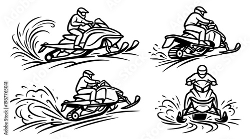 Snowmobile Riders in Action Set