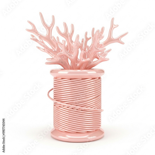 Minimal Coral Plant in Pastel Vase 3D Render