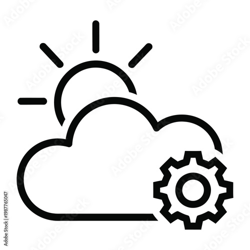 Cloud computing settings icon, sun and cloud weather forecast symbol with gear, technical configuration vector illustration for web interface