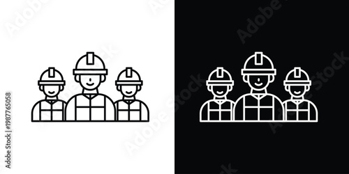 Single icon of teamwork and construction industry professionals depicted in outline art style on contrasting backgrounds