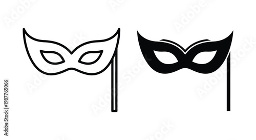 Minimalist Masquerade Mask Icons in Outline and Solid Black Styles for Carnival Parties and Mysterious Gala Events