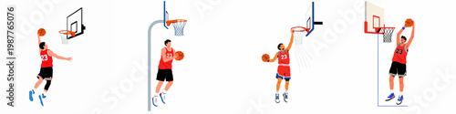 Set of four minimalist vector illustrations of basketball players in action poses, dunking and shooting, wearing red jerseys on a white background.